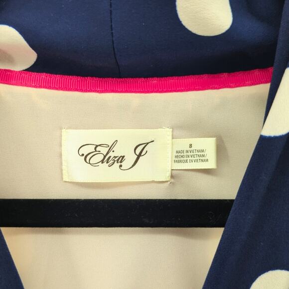 Eliza J Navy Polka Dot Dress Sz 8 Retro Cocktail Party Office Wrap Style - Picture 3 of 10